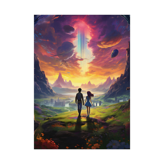 Serene Cloudy Meadow: Girl & Boy on Hill - Poster