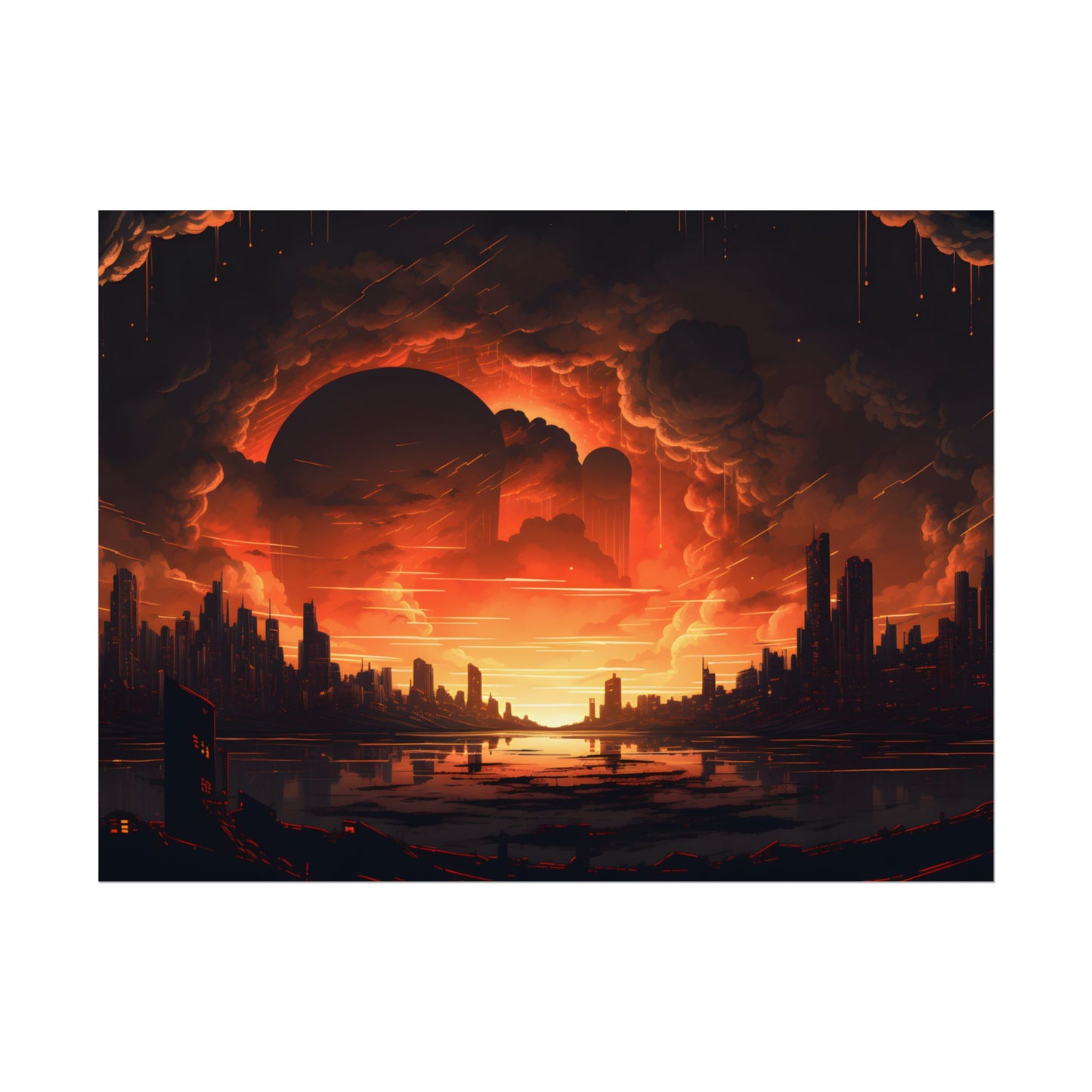 Futuristic Cyberpunk Night: Burning Cityscape Landscape Art - Poster