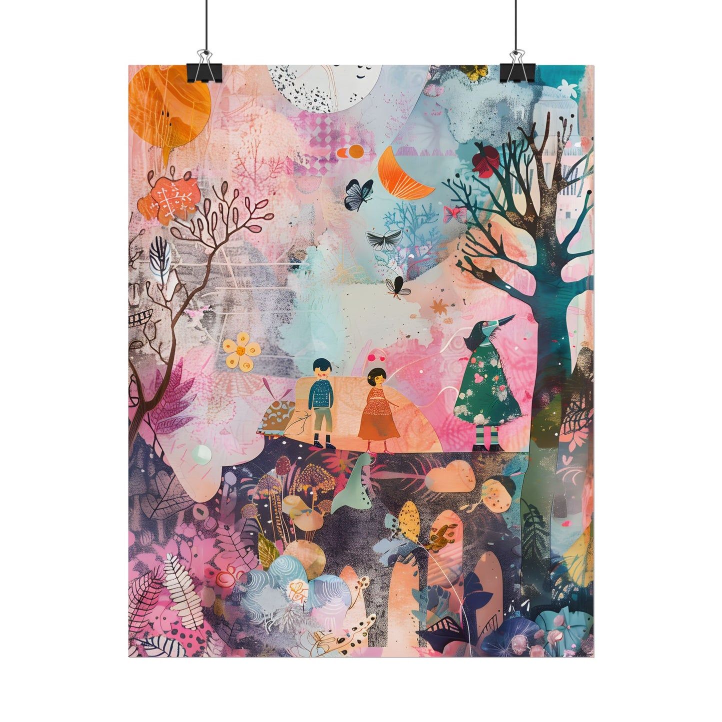 Colorful Whimsy: Blue Fish, Yellow Bird, Pink Cat Art Collage - Poster