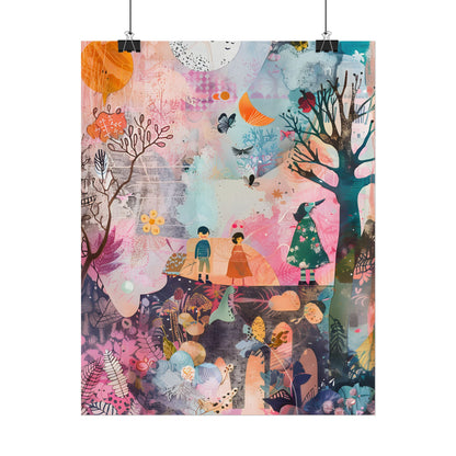 Colorful Whimsy: Blue Fish, Yellow Bird, Pink Cat Art Collage - Poster