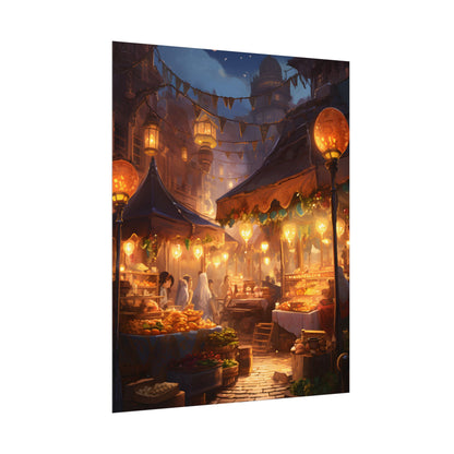 Magical Street Food Market: A Colorful Nighttime Scene - Poster