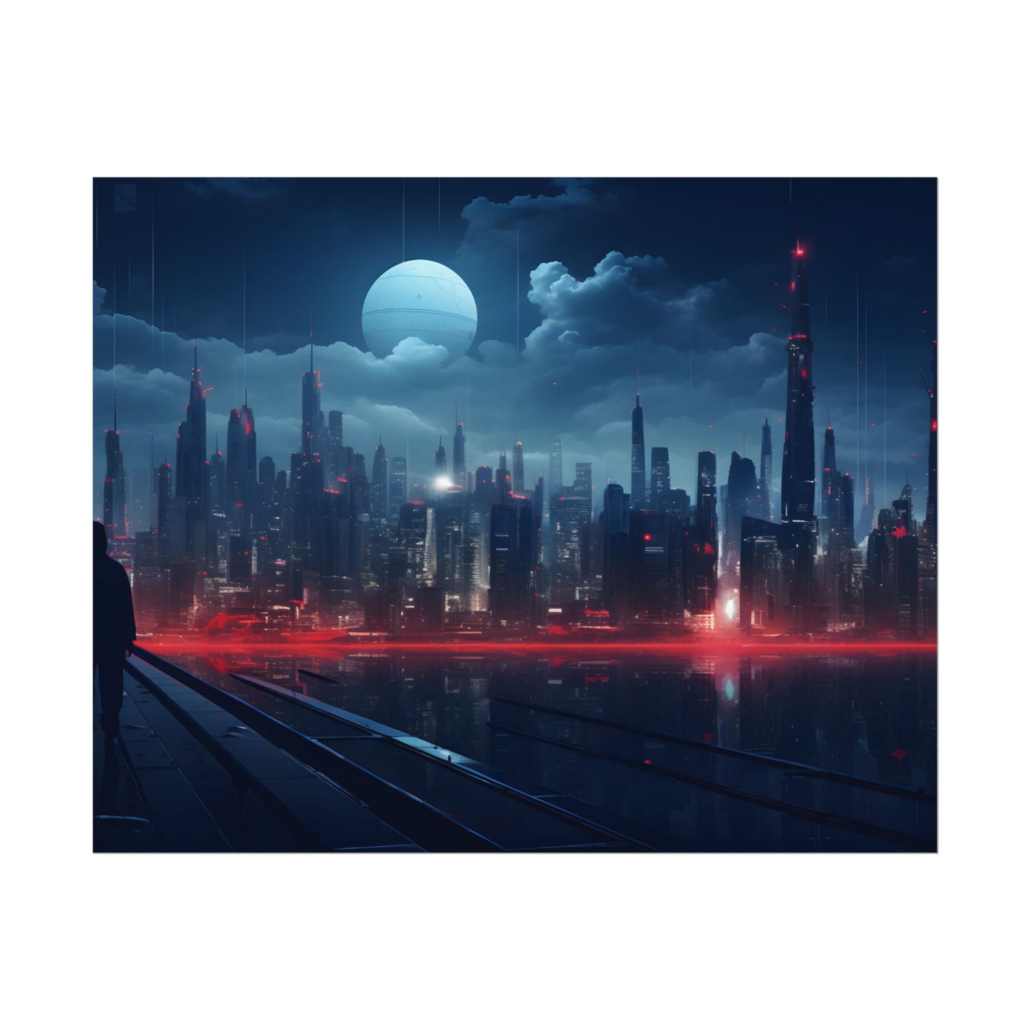 Melancholic Night: A Solo Figure in Cyberpunk Cityscape - Poster