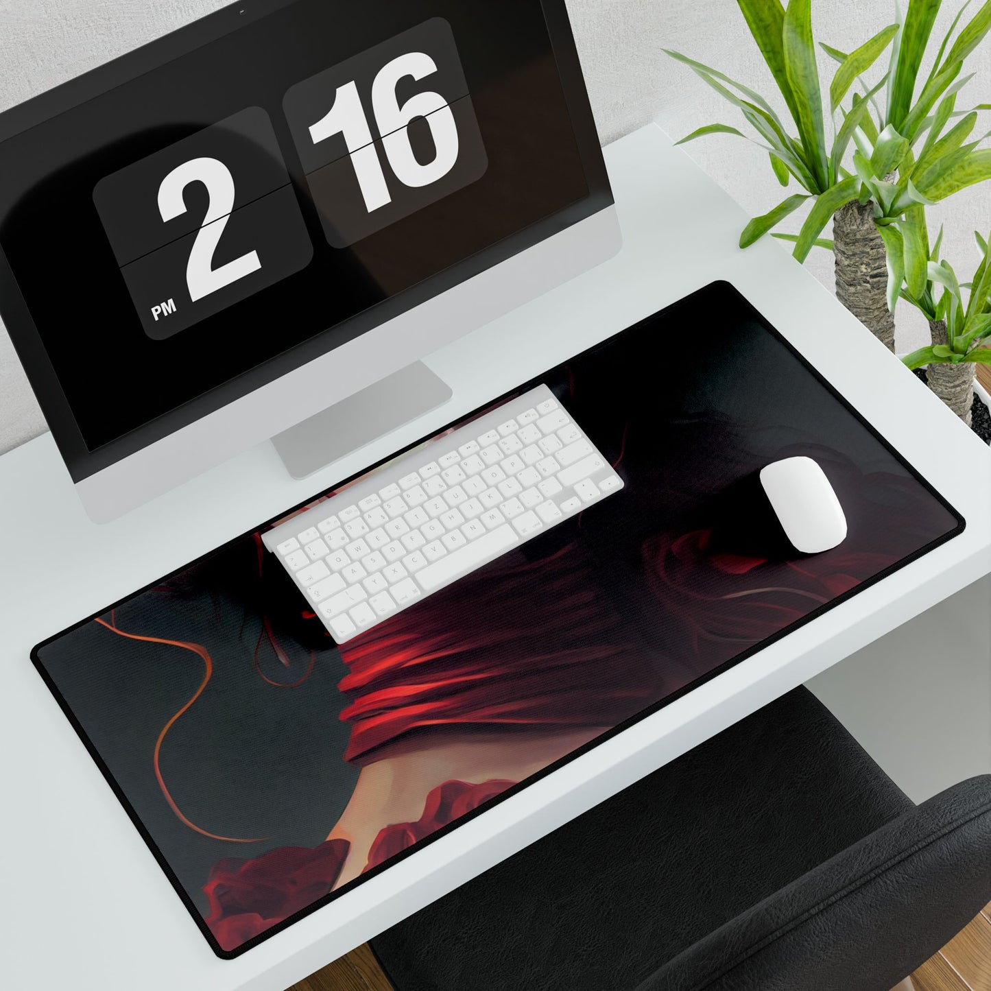 Vibrant Redhead Portrait: Female Artwork in Red Dress - Desk Mat