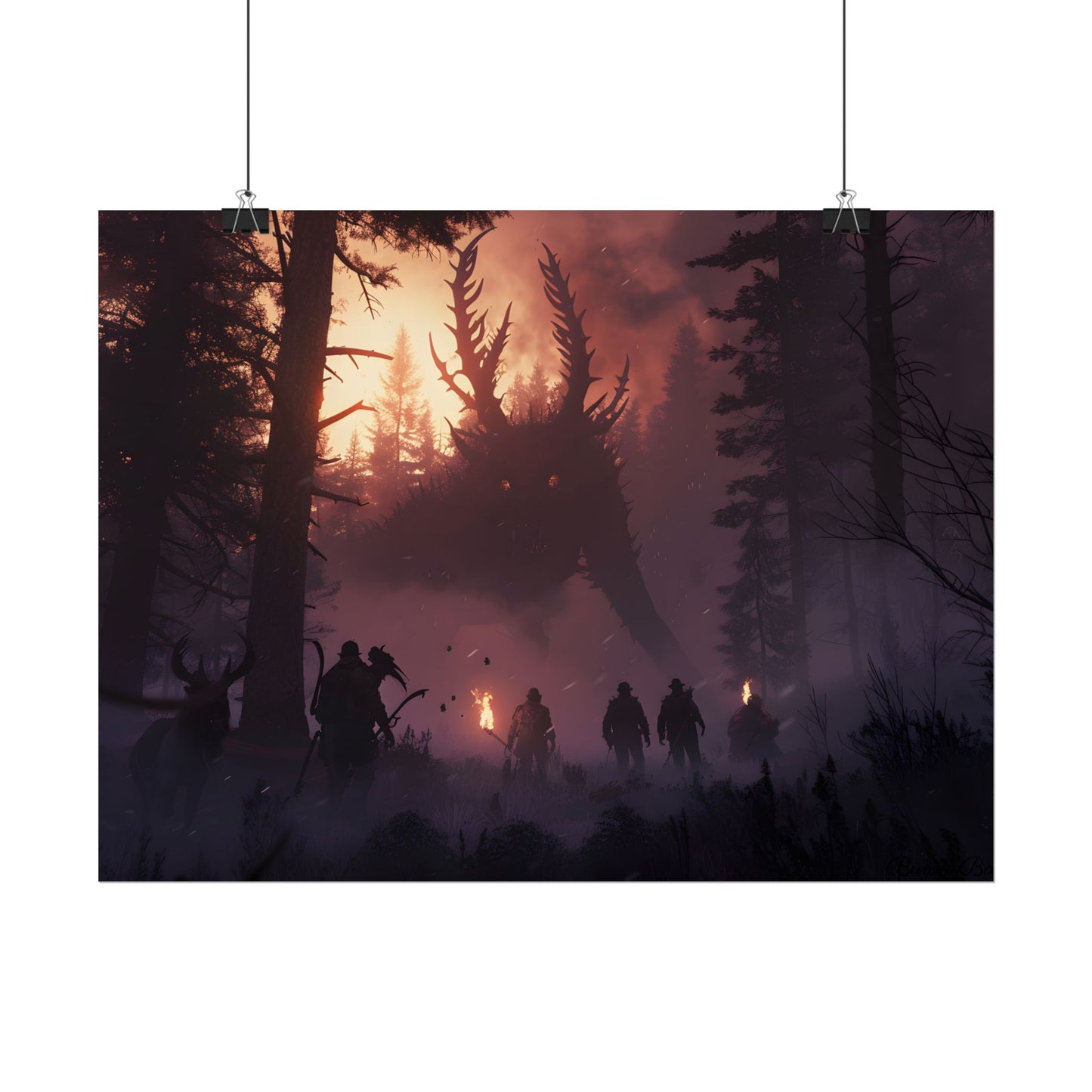 Serene Forest Sunset: Group Walking Through Misty Landscape - Poster