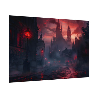 Gothic City Dusk: Pointed Arches and Misty Atmosphere - Poster