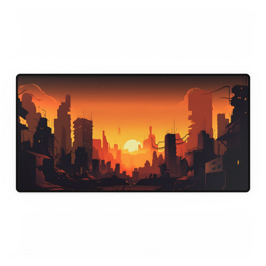 Cyberpunk Cityscape at Night: Digital Artwork of a Burning City - Desk Mat