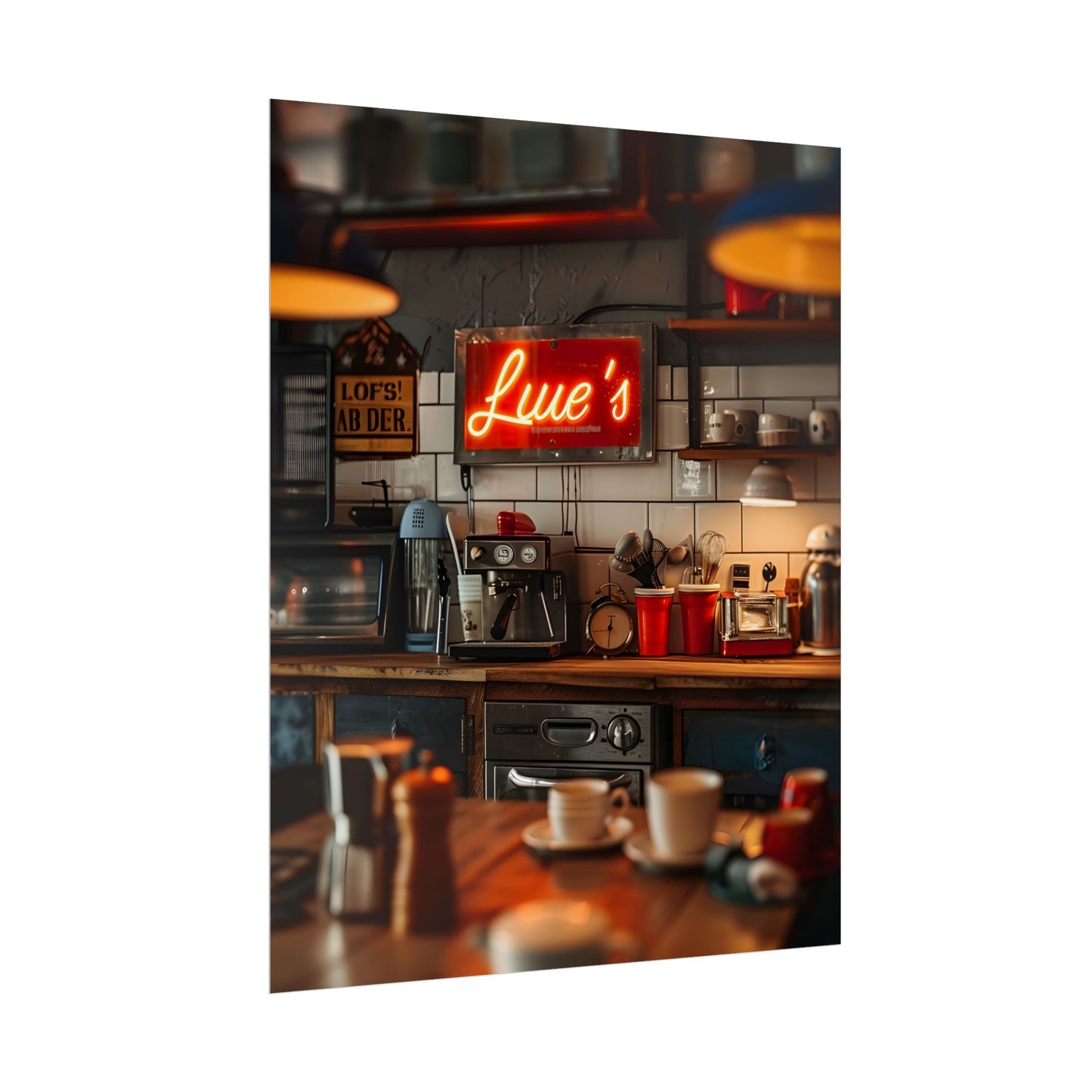 Cozy Retro Kitchen Artwork: Lukes Diner Sign Digital Art - Poster