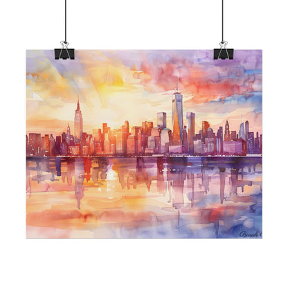Watercolor Sunset New York City Skyline: Beautiful Artwork - Poster