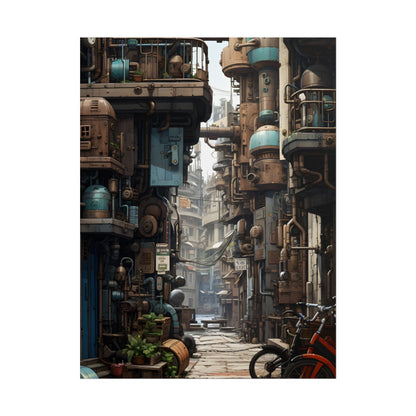 Steampunk Urban Decay: Post-Apocalyptic Cityscape at Dusk - Poster
