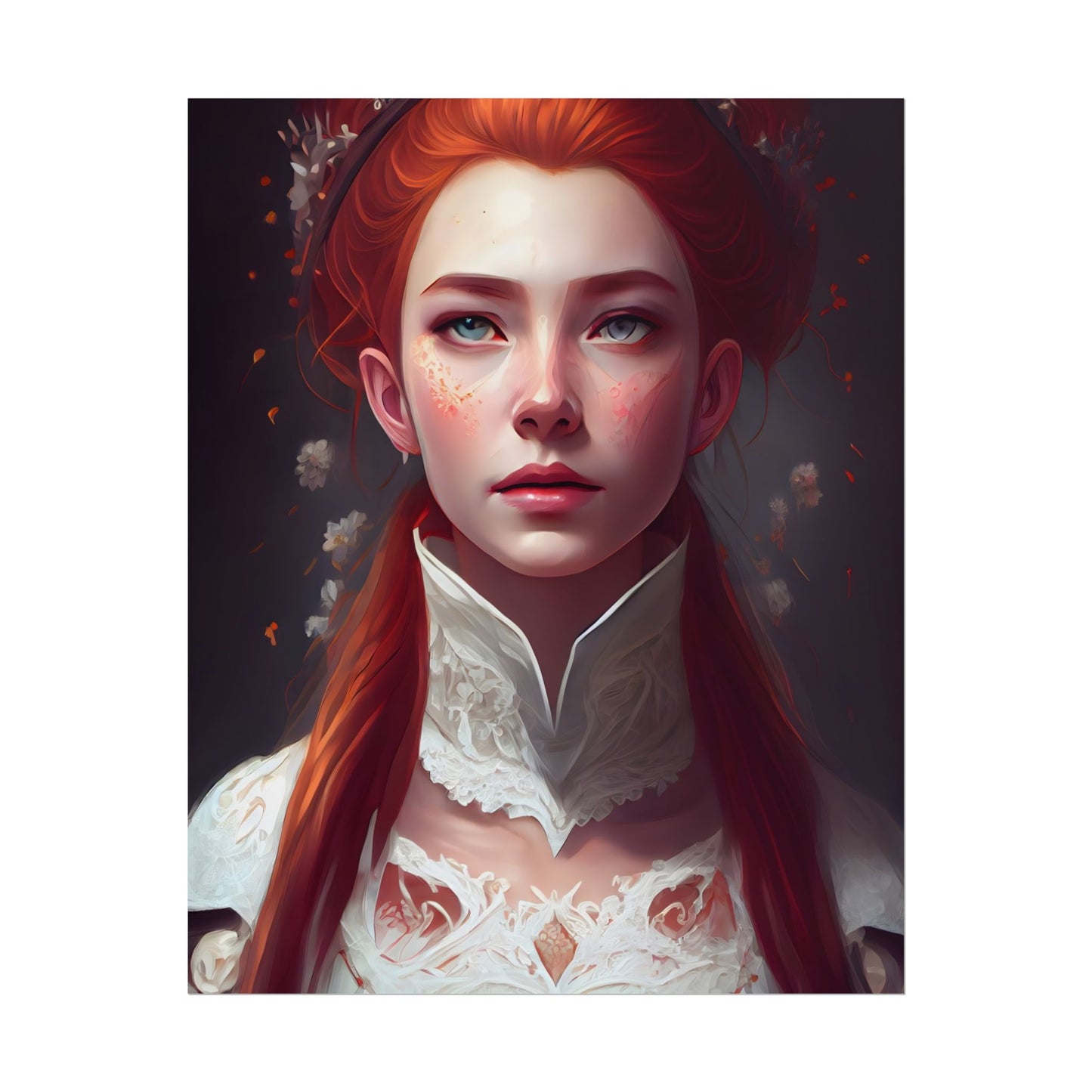 Soft Glow Redhead Portrait: Elegant Female Artwork in Dress - Poster