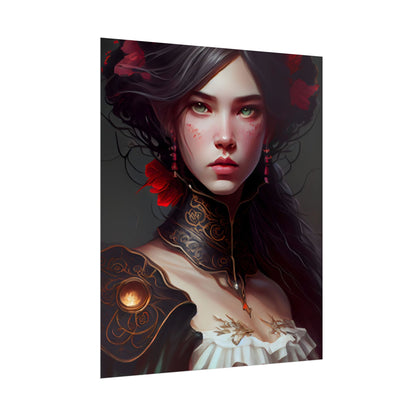Elegant Black Hair Portrait in White Dress - Poster