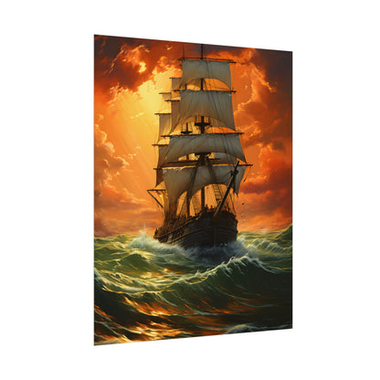 Nature's Serenity: Realistic Oil Painting of a Green Ship - Poster