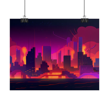 Burning Cyberpunk Cityscape: Nighttime Digital Artwork - Poster