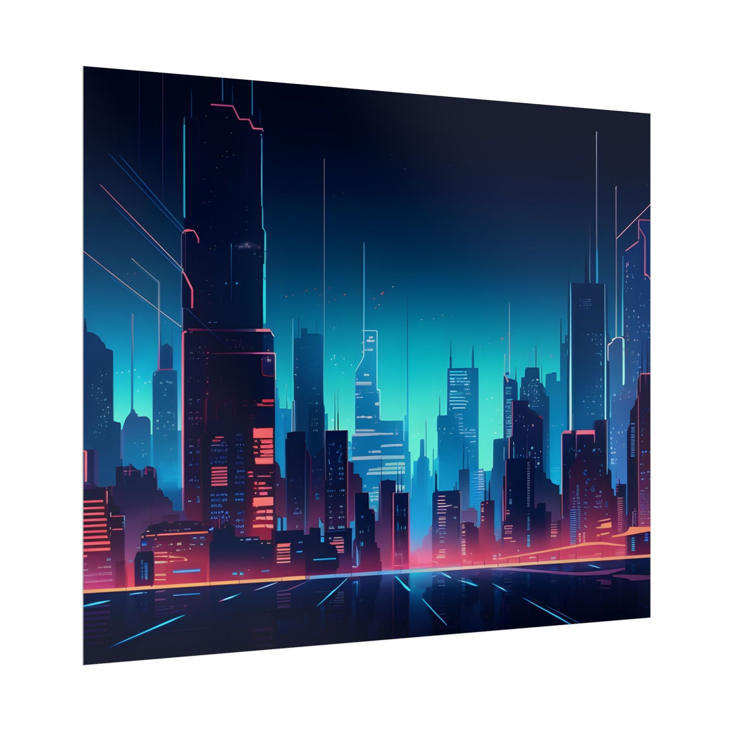 Melancholic Night Cyberpunk Cityscape: Neon Dreams Digital Art - Poster