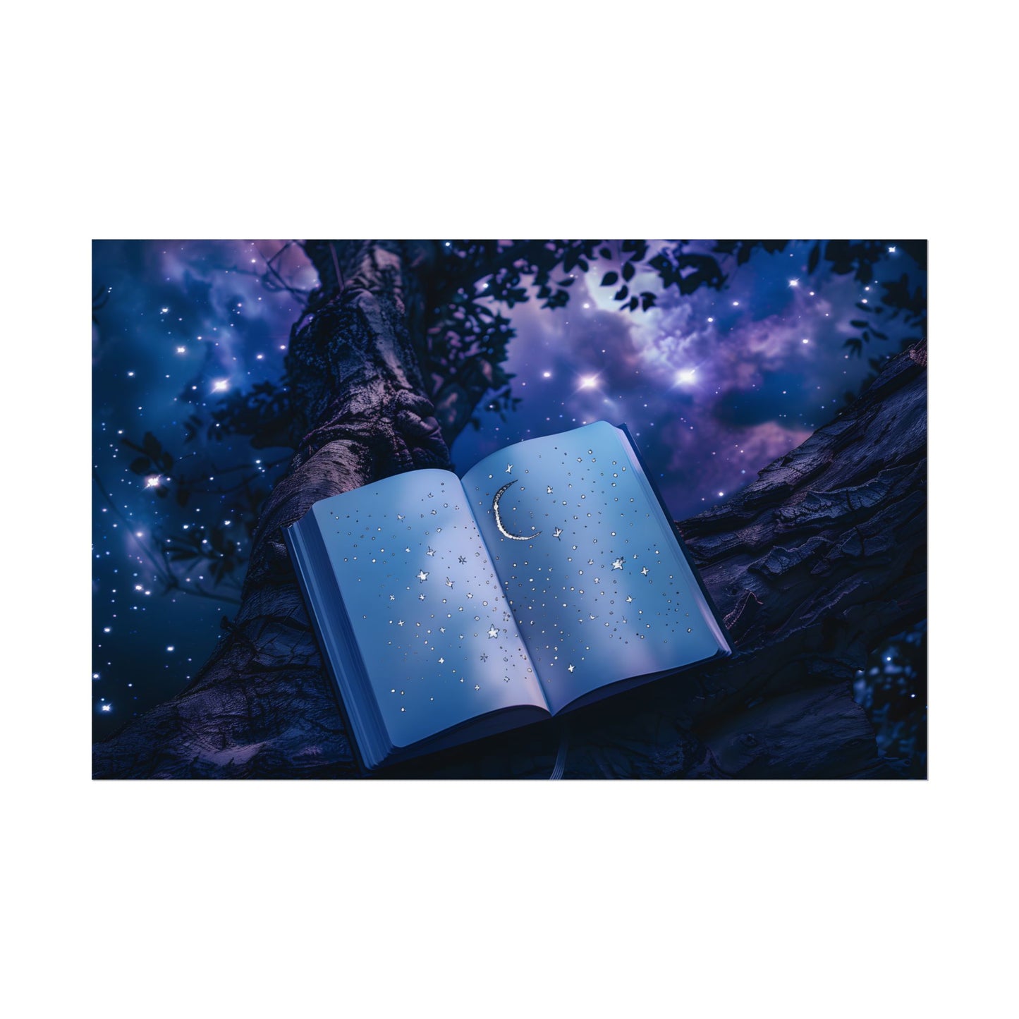 Mystical Night Sky: Celestial Dreams with Crescent Moon and Stars - Poster