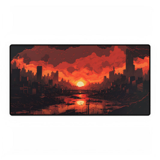 Cyberpunk Burning City: Night Landscape Digital Art - Desk Mat