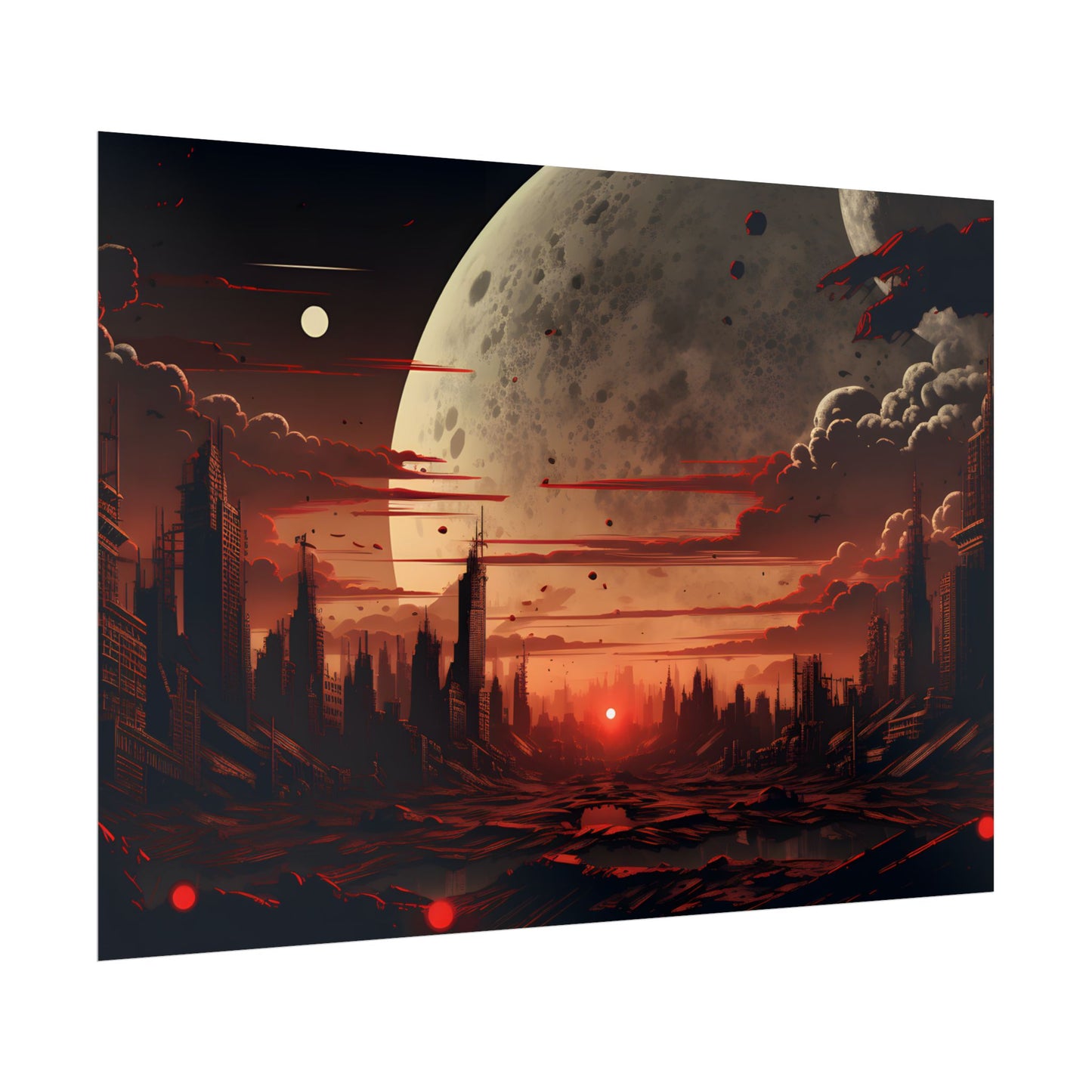 Landscape at Night: Burning Cyberpunk Neon Lights - Poster