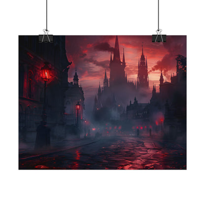 Gothic City Dusk: Pointed Arches and Misty Atmosphere - Poster