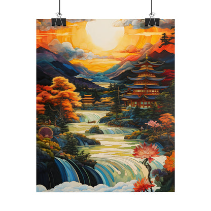 Peaceful Japanese River Landscape with Flowers: Serene Artwork - Poster