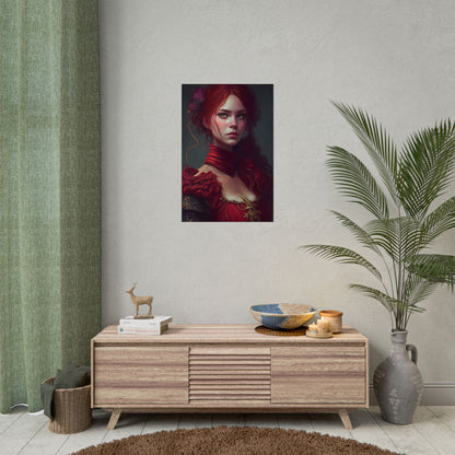 Vibrant Redhead Portrait: Female Artwork in Red Dress - Poster