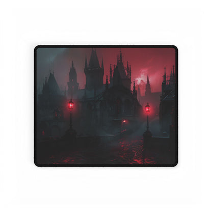 Dark Gothic Cityscape: Misty Twilight Artwork - Desk Mat