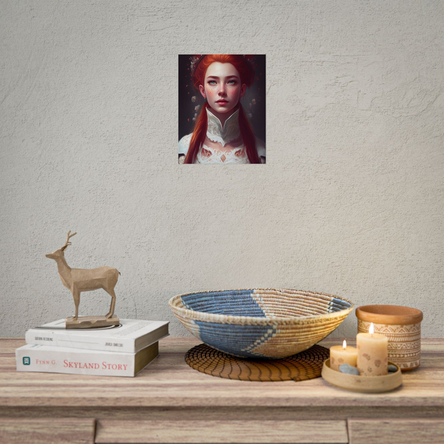 Soft Glow Redhead Portrait: Elegant Female Artwork in Dress - Poster