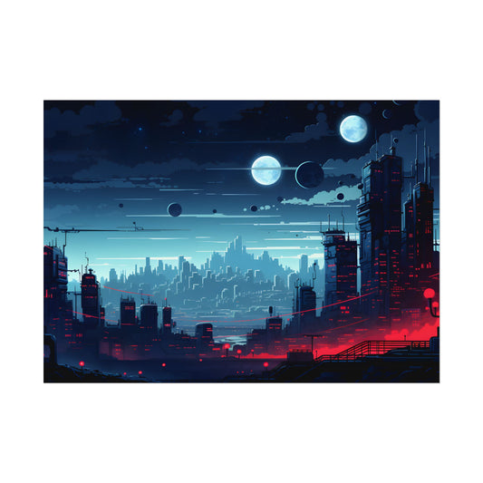 Burning Cyberpunk Cityscape at Night: Landscape Digital Art - Poster