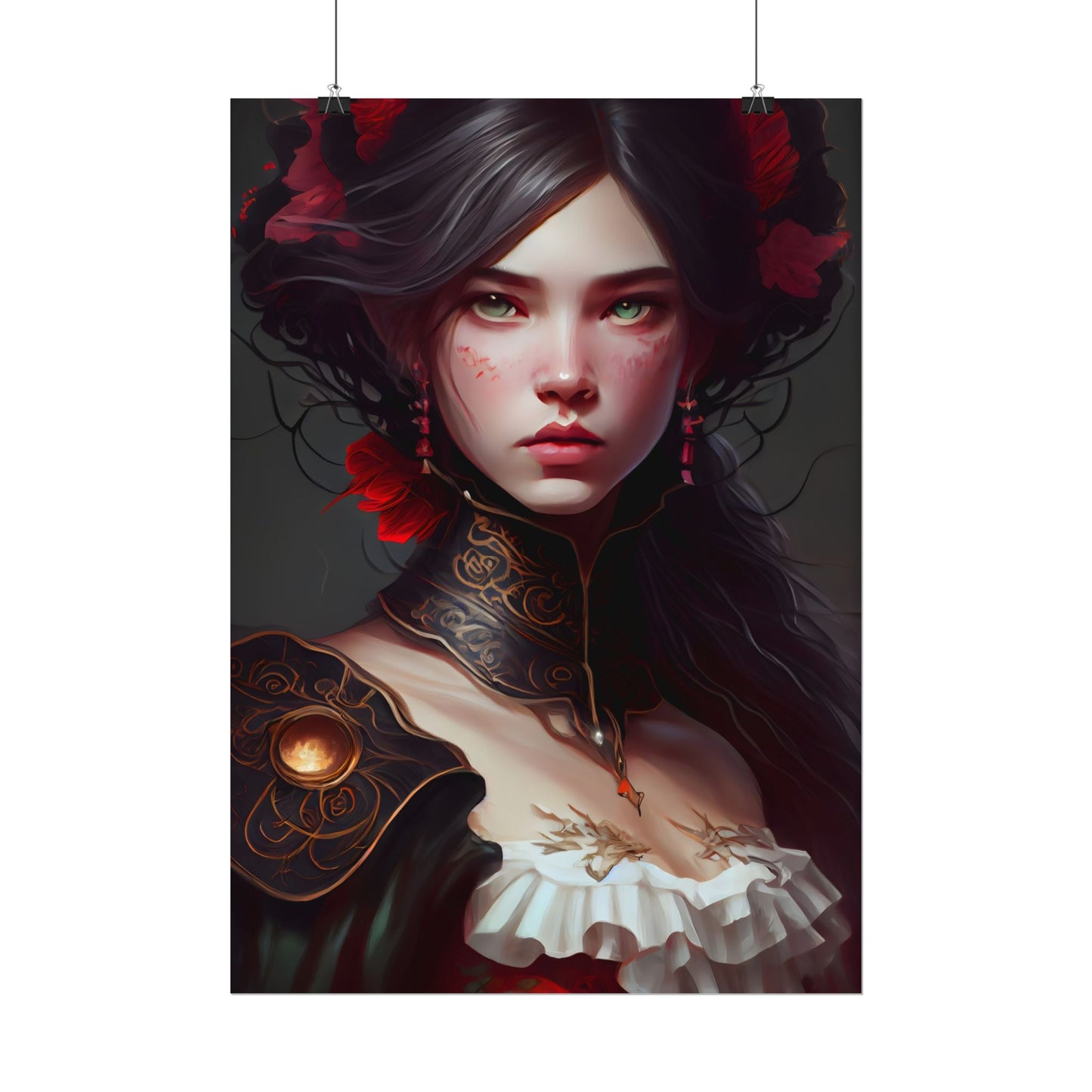 Elegant Black Hair Portrait in White Dress - Poster