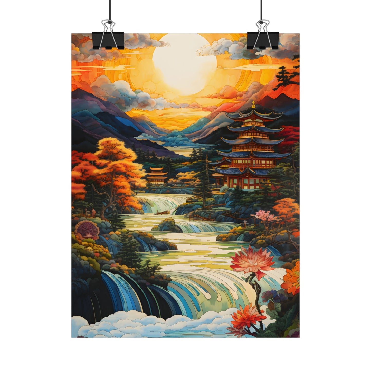 Peaceful Japanese River Landscape with Flowers: Serene Artwork - Poster