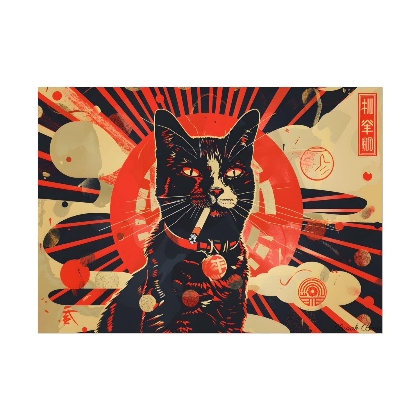 Vintage Whimsy: Cat Smokes Cigarette on Blue Background - Poster