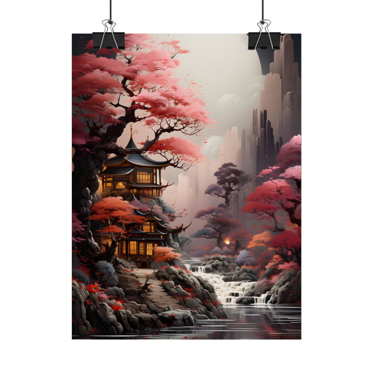 Landscape Masterpiece in Ash Magenta and Moss Green: Serene Nature Artwork - Poster