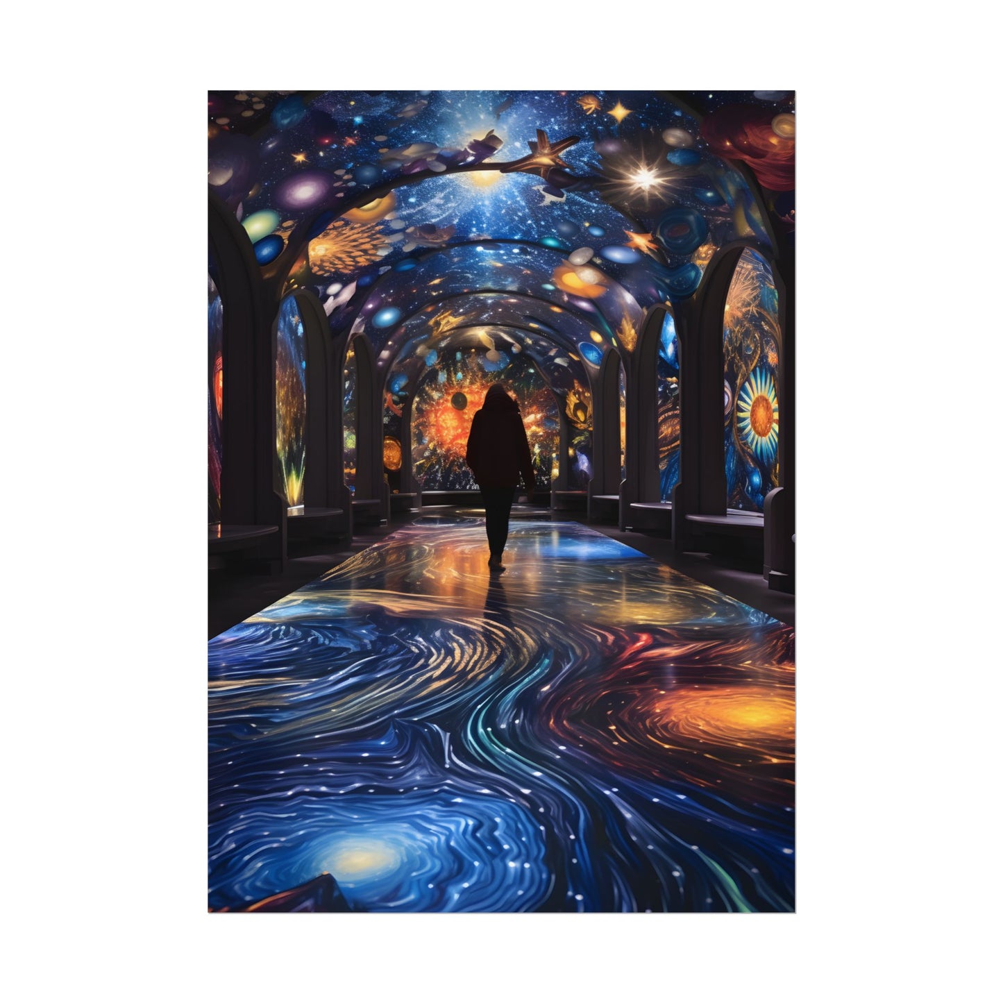 Celestial Art Gallery: Vibrant Space-Themed Artwork in a Colorful Interior - Poster