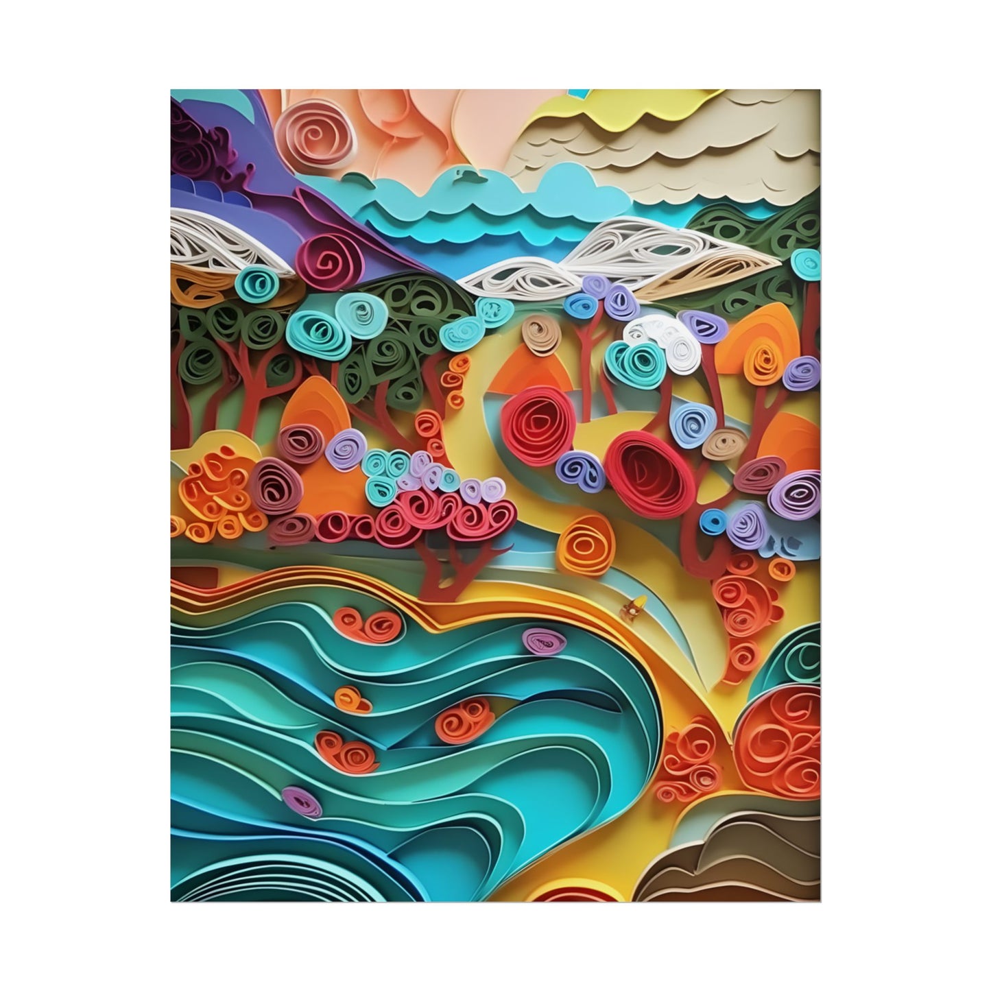 Paper Quilled Beach Bliss: Artistic Coastal Landscape - Poster