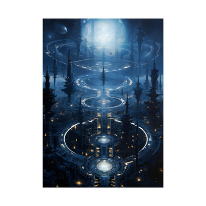 Aetherial Space Station: Galactic Hub in Vibrant Blue Nebula - Poster