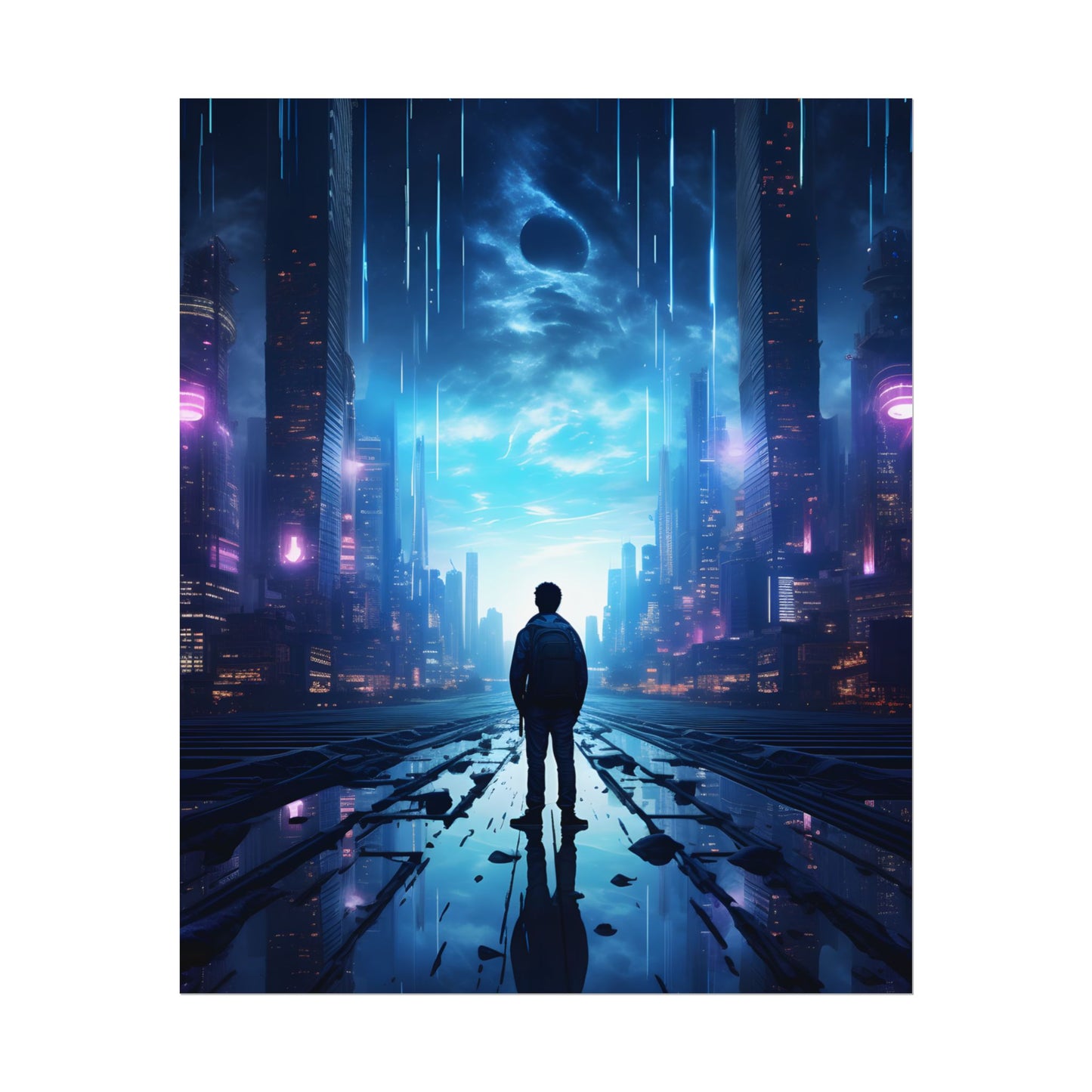 Cyberpunk Cityscape at Night: Melancholic Landscape Digital Art - Poster