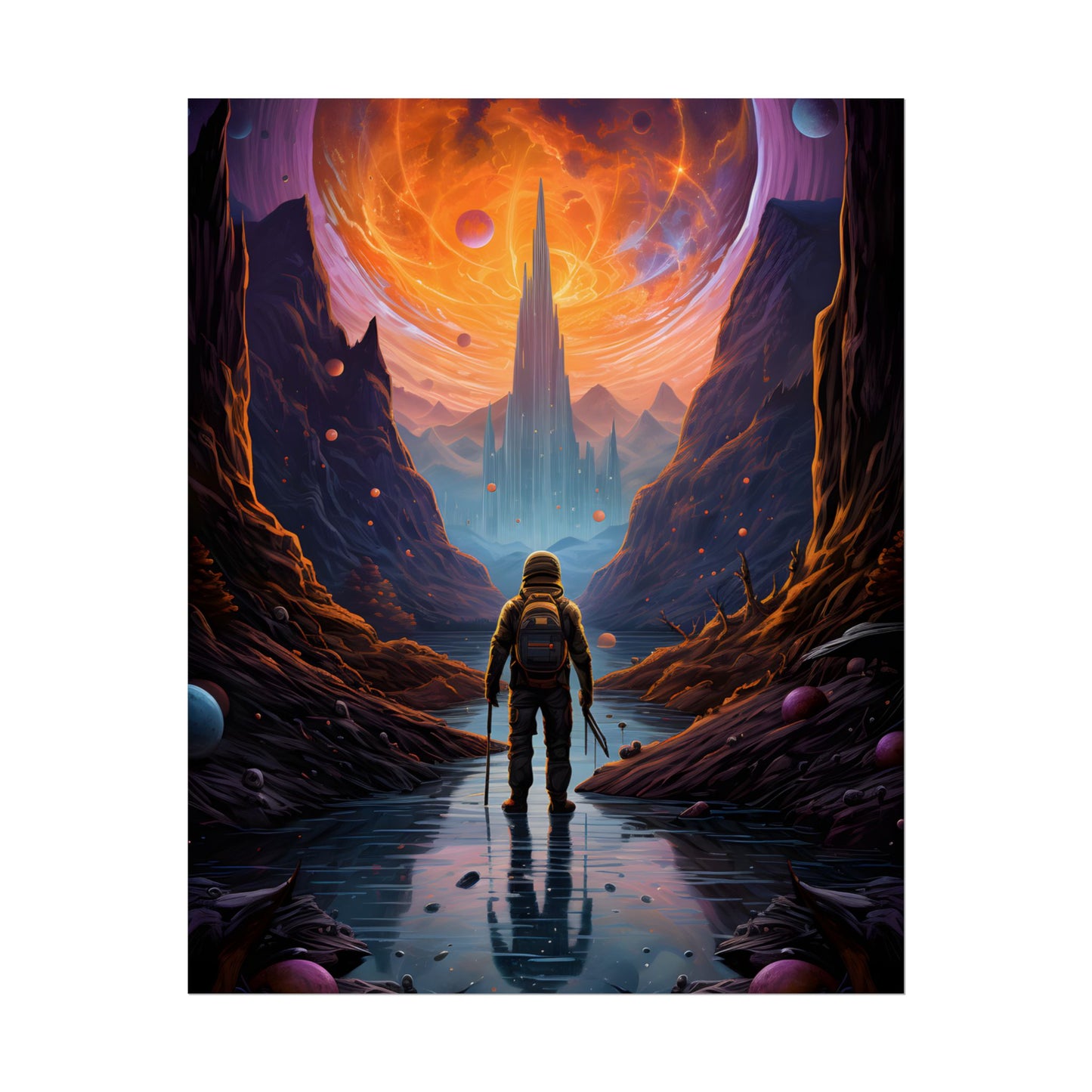 Futuristic Explorer in Wilderness: Sci-Fi Artwork - Poster