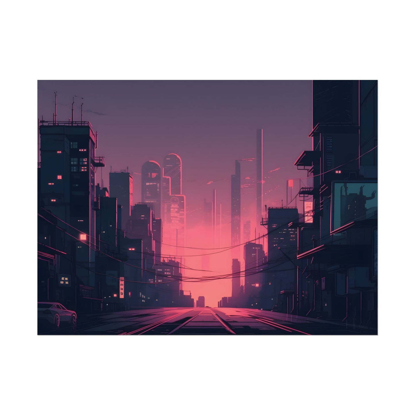 Cyberpunk Nighttime Cityscape: Melancholic Mood - Poster