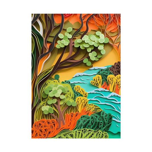 African Paper Quilled Landscape: Artwork in Brown and Green - Poster