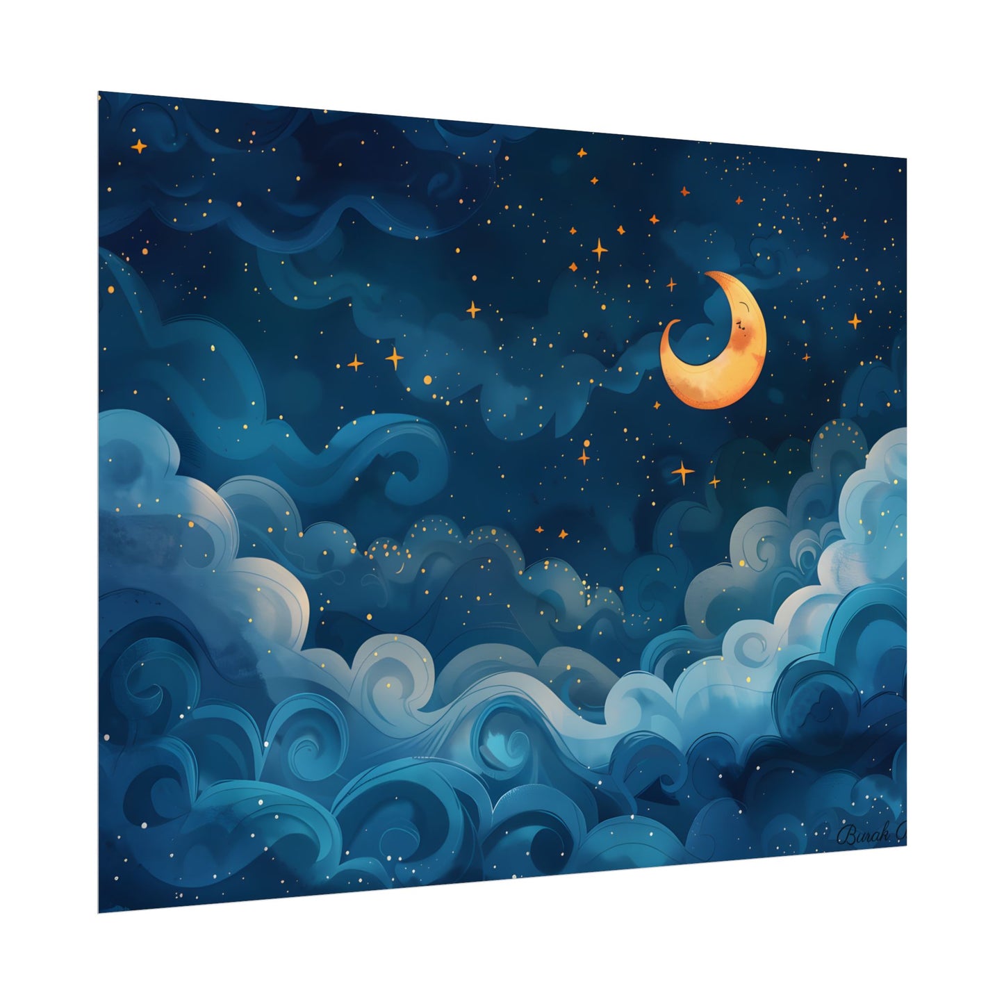Surreal Night Sky Dreamscape: Whimsical Stars and Clouds Art - Poster