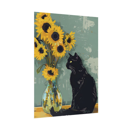 Whispers in the Sun: A Black Cat's Serene Moment with Sunflowers - Poster