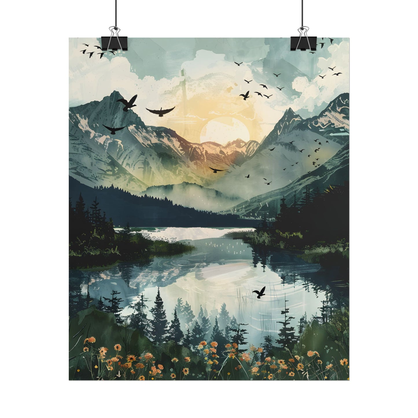 Serene Mountain Lake: Birds in Flight - Natural Art - Poster