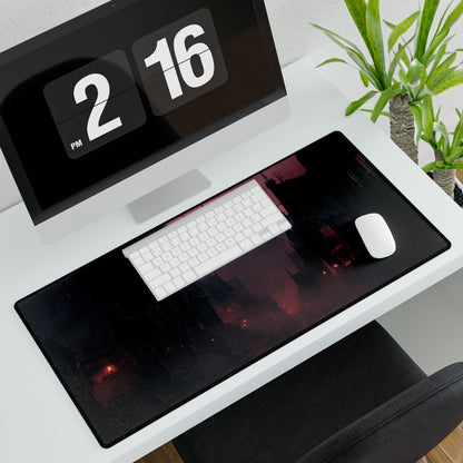 Dark Gothic Cityscape: A Serene Misty Dusk Scene - Desk Mat