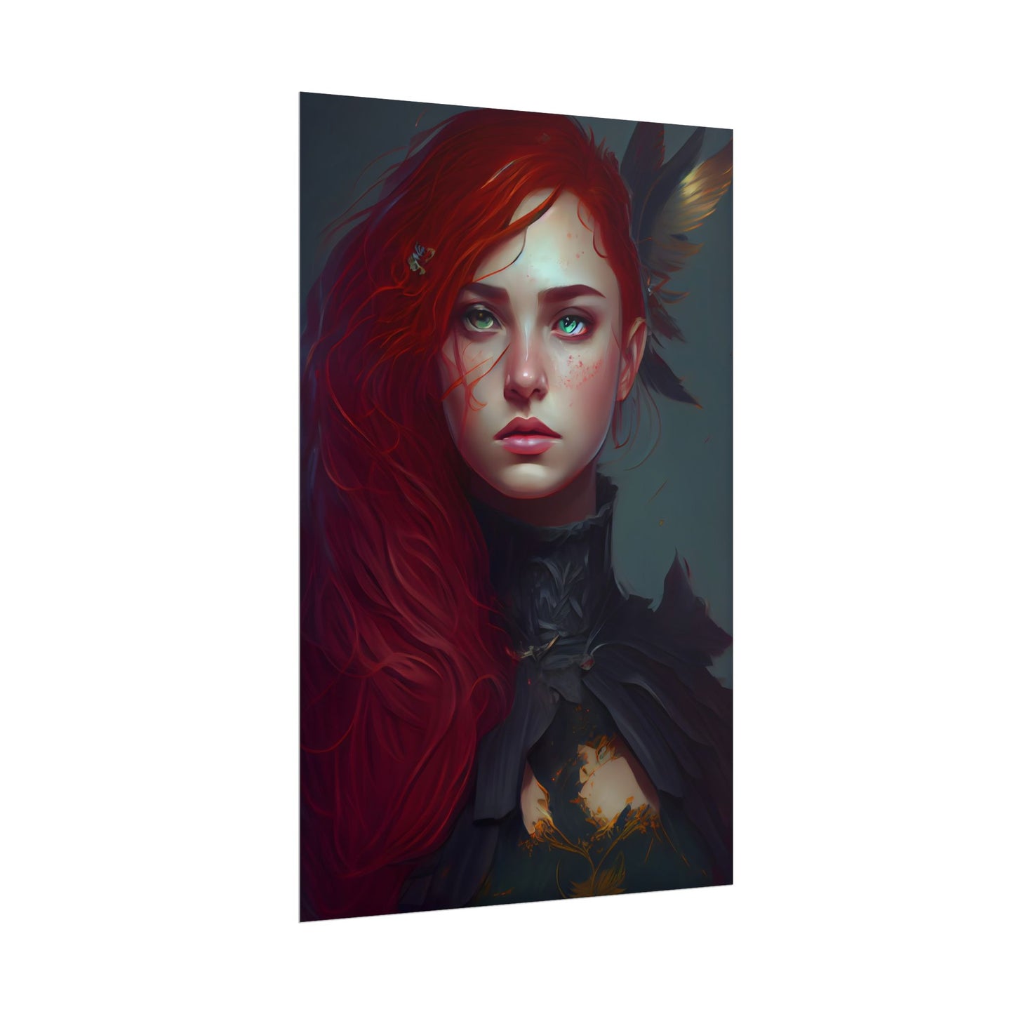 Vibrant Female Portrait: Red Hair Beauty in Neutral Dress - Poster