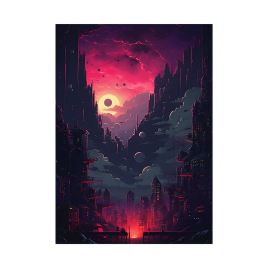 Cyberpunk Cityscape: Burning Nighttime Landscape Digital Art - Poster