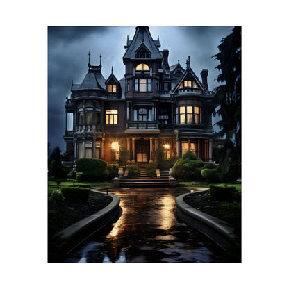 Haunted Victorian Mansion: Spooky Stormy Night Art - Poster