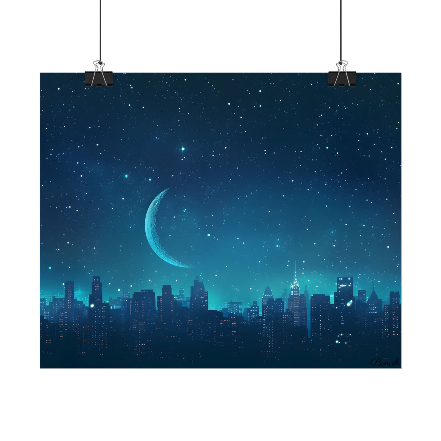 Starry Night Sky: Tranquil Dark Blue Scene with Crescent Moon - Poster