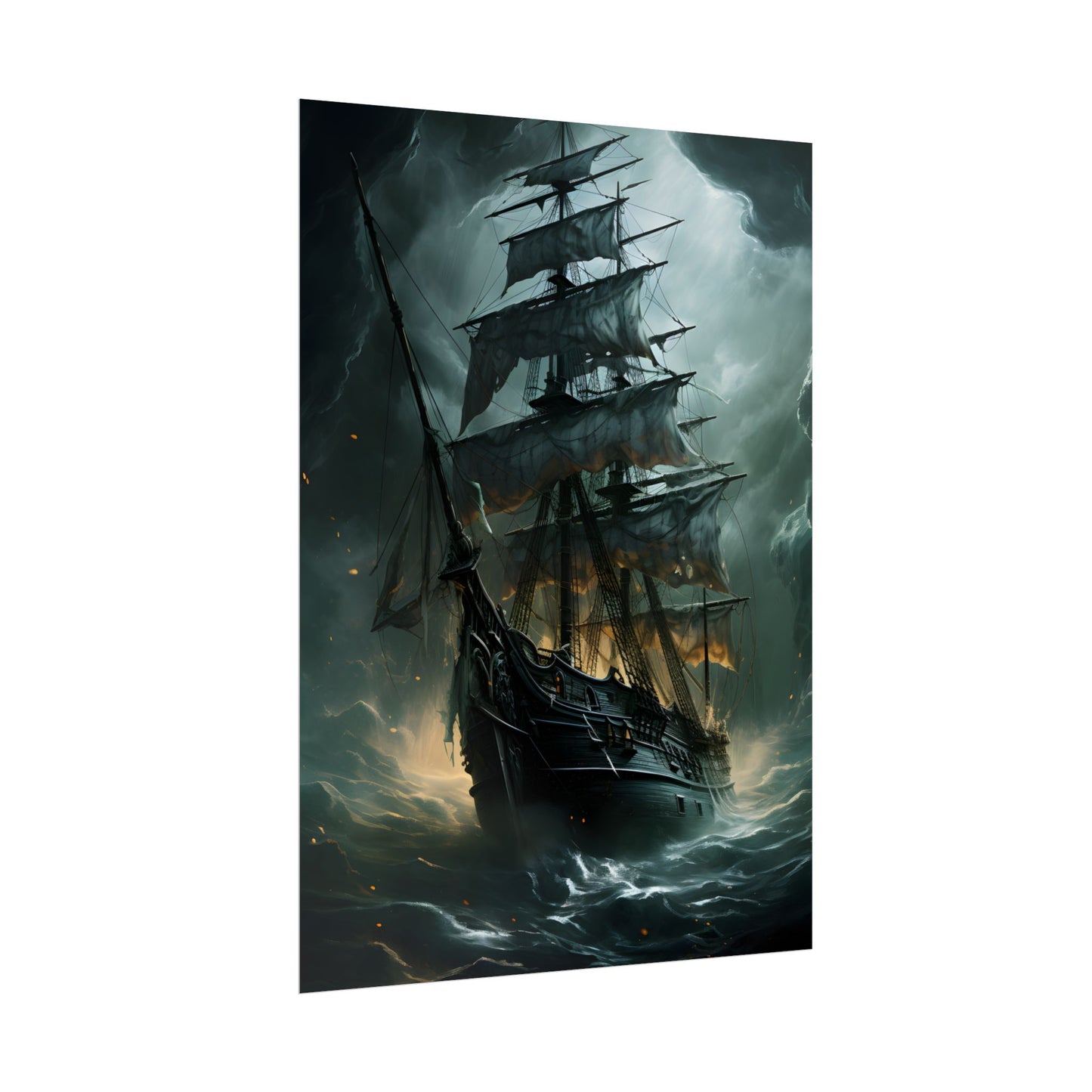 Ghostly Pirate Ship: Sailing Solo in Eerie Blue Skies - Poster