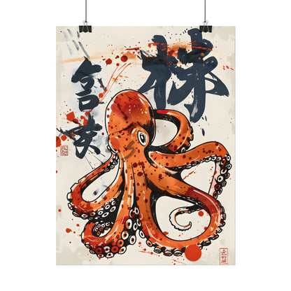 Traditional Japanese Octopus Art: Ukiyo-e Style Mural - Poster