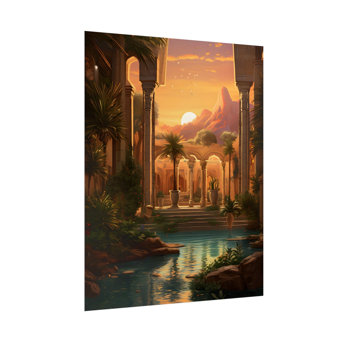Desert Oasis at Sunset: Magical Desert Artwork - Poster