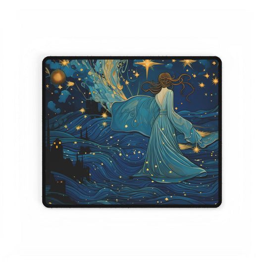 Vibrant Medieval Stained Glass Window: Iconic Figure in Geometric Patterns - Desk Mat
